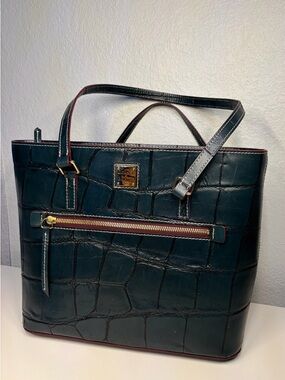 Dooney & Bourke Dark Green/ Teal Croc-Embossed Leather Tote with Gold Hardware